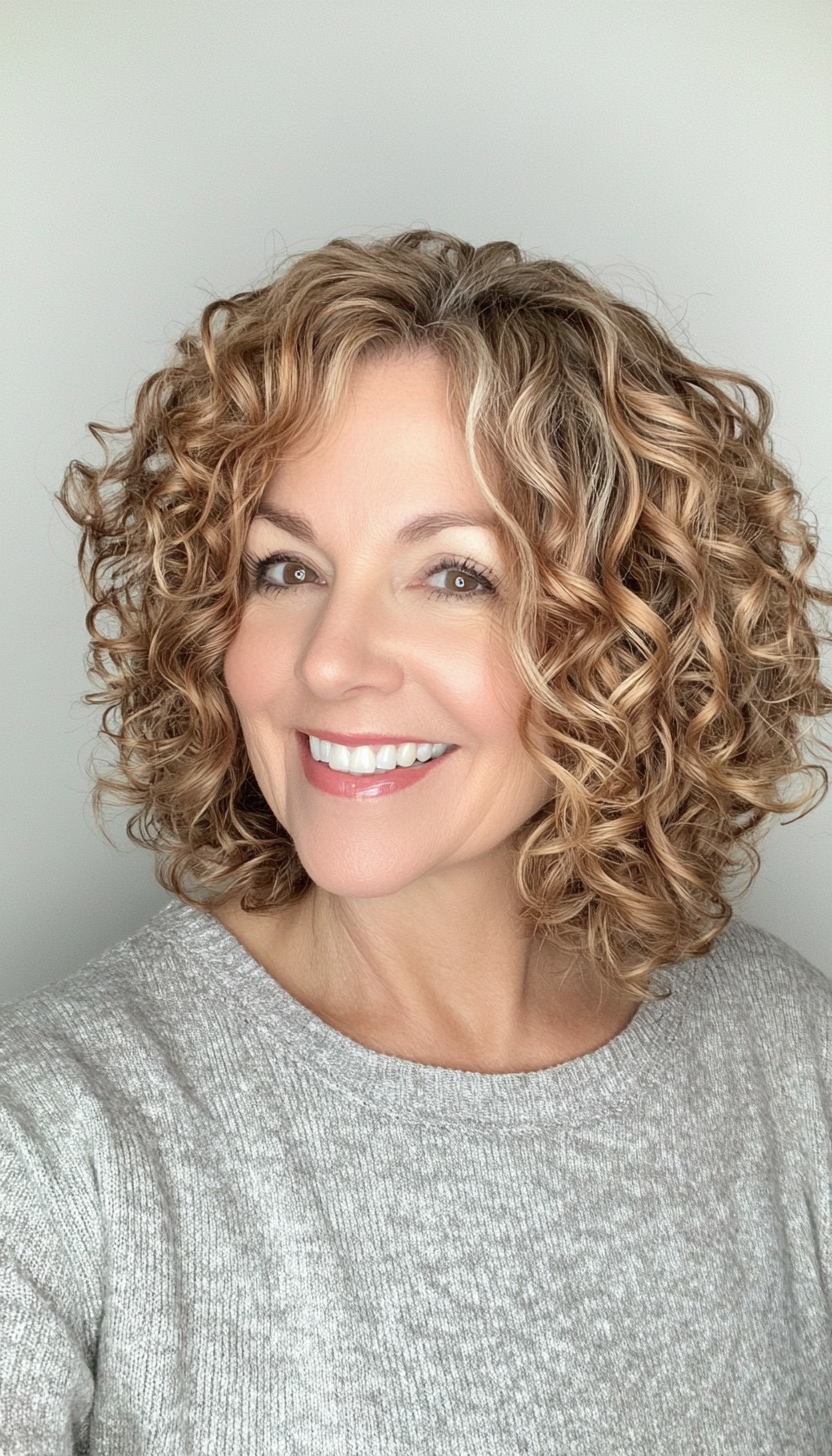 5. Soft Curly Bob with Caramel Highlights (Short Curly Haircuts For Older Women) - Short Curly Haircuts For Older Women