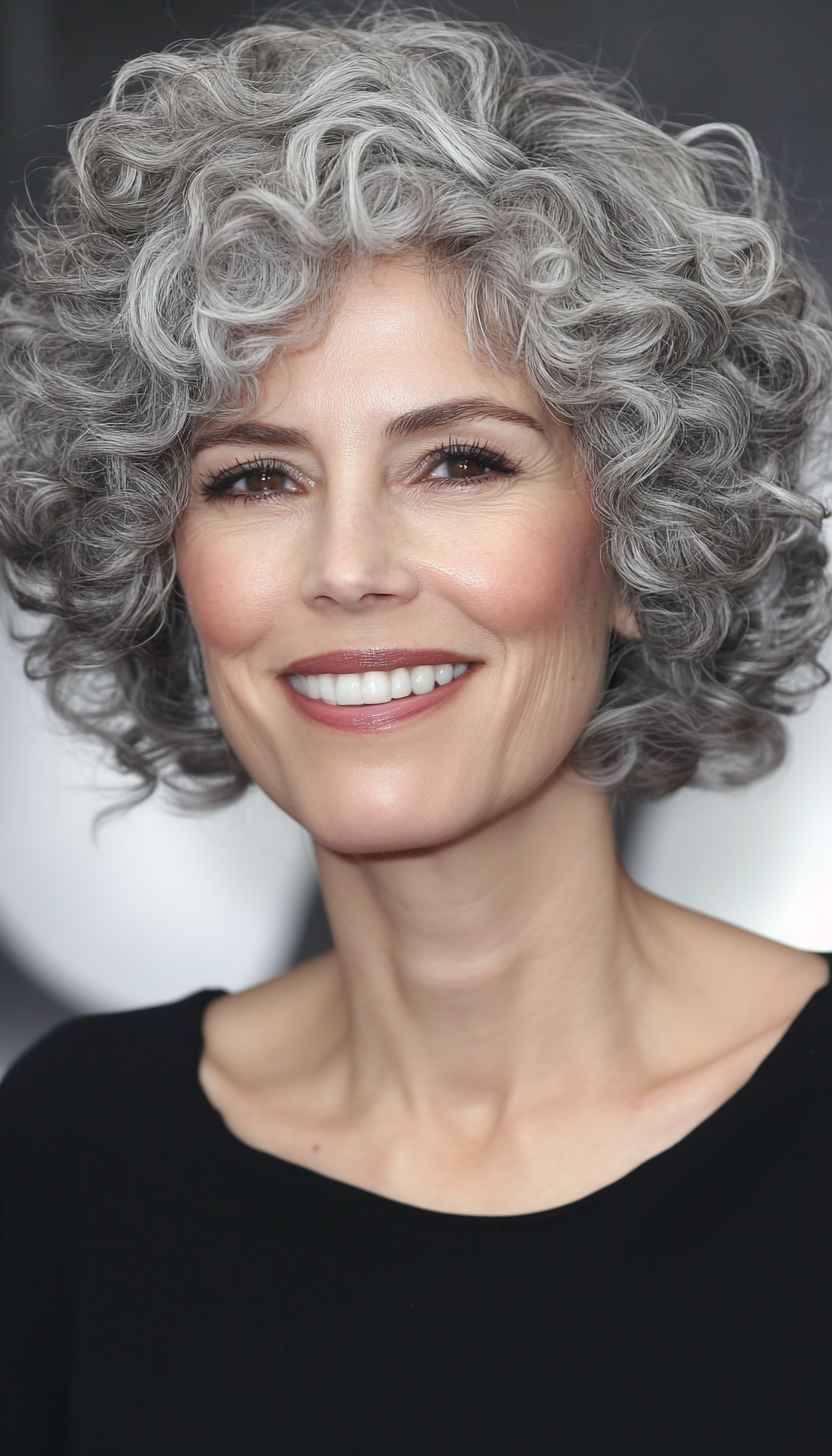 6. Tight Ringlet Pixie in Salt-and-Pepper (Short Curly Haircuts For Older Women) - Short Curly Haircuts For Older Women