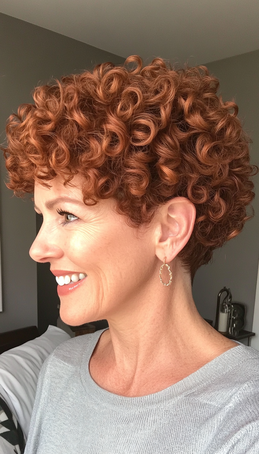 9. Layered Curly Pixie in Warm Auburn (Short Curly Haircuts For Older Women) - Short Curly Haircuts For Older Women