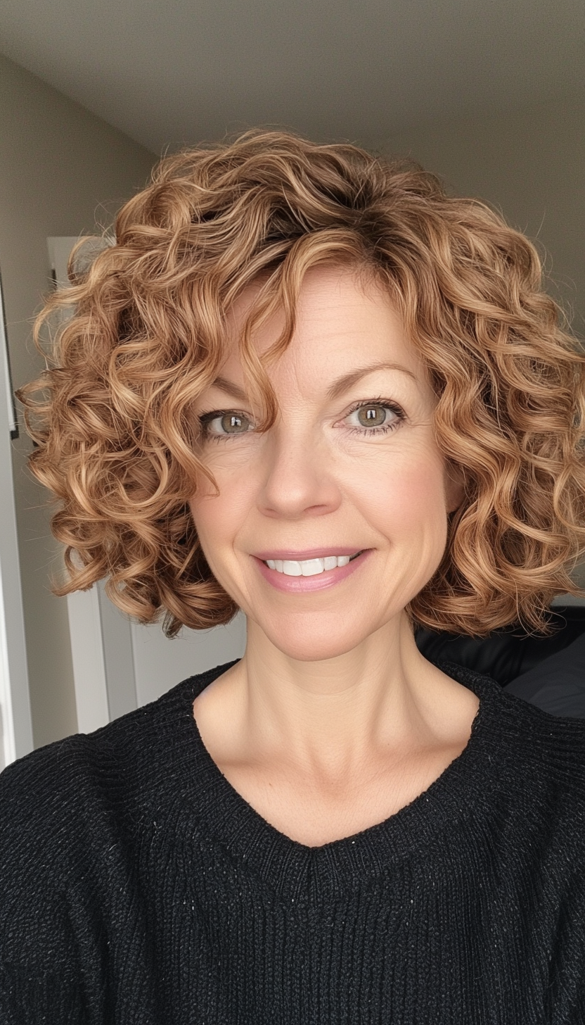 12. Tousled Curly Bob in Golden Brown (Short Curly Haircuts For Older Women) - Short Curly Haircuts For Older Women
