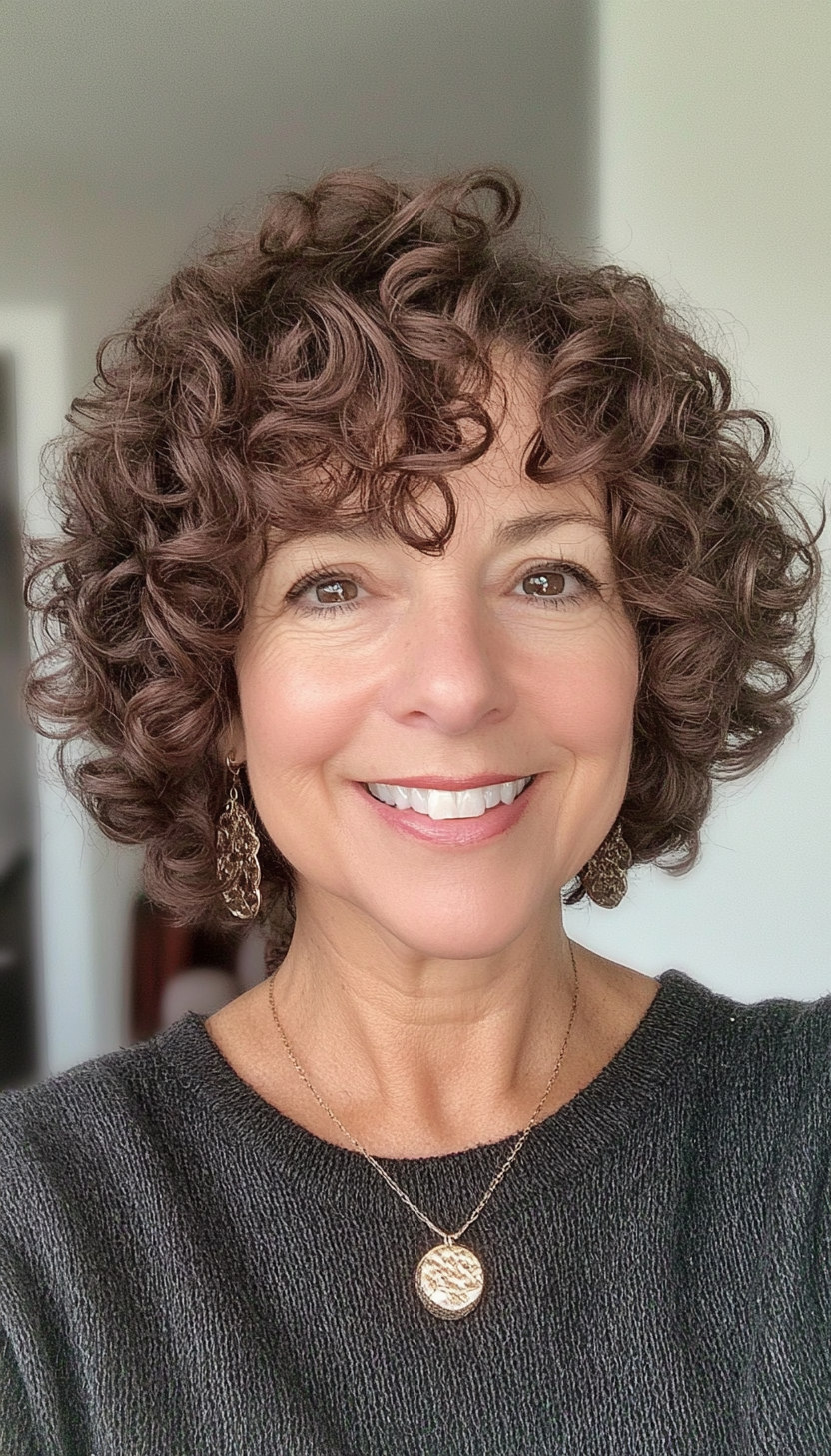 13. Short Curly Crop with Chocolate Brown Hues (Short Curly Haircuts For Older Women) - Short Curly Haircuts For Older Women