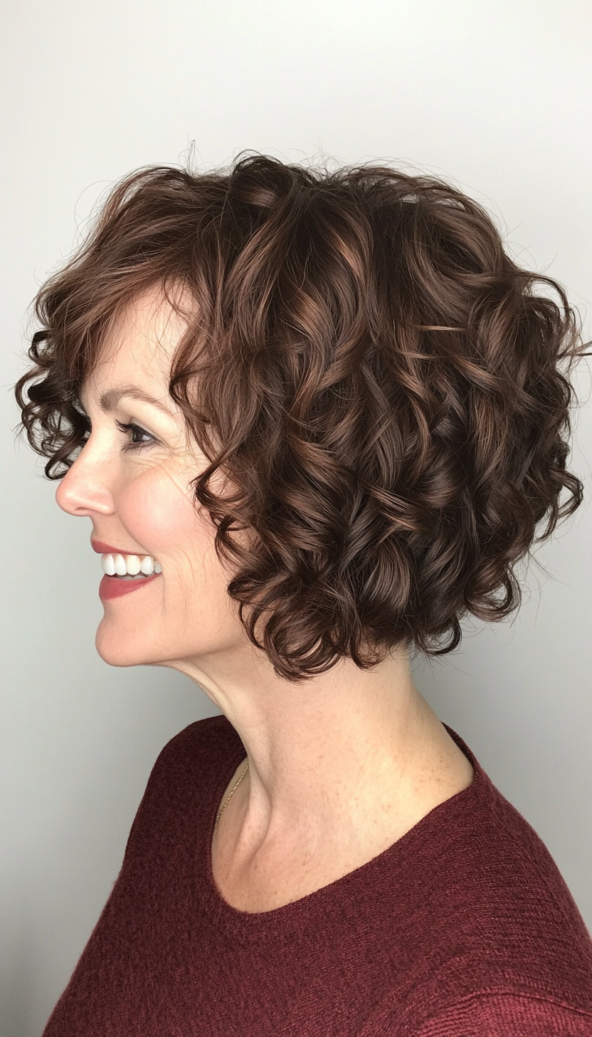 14. Angled Curly Bob in Deep Mahogany (Short Curly Haircuts For Older Women) - Short Curly Haircuts For Older Women