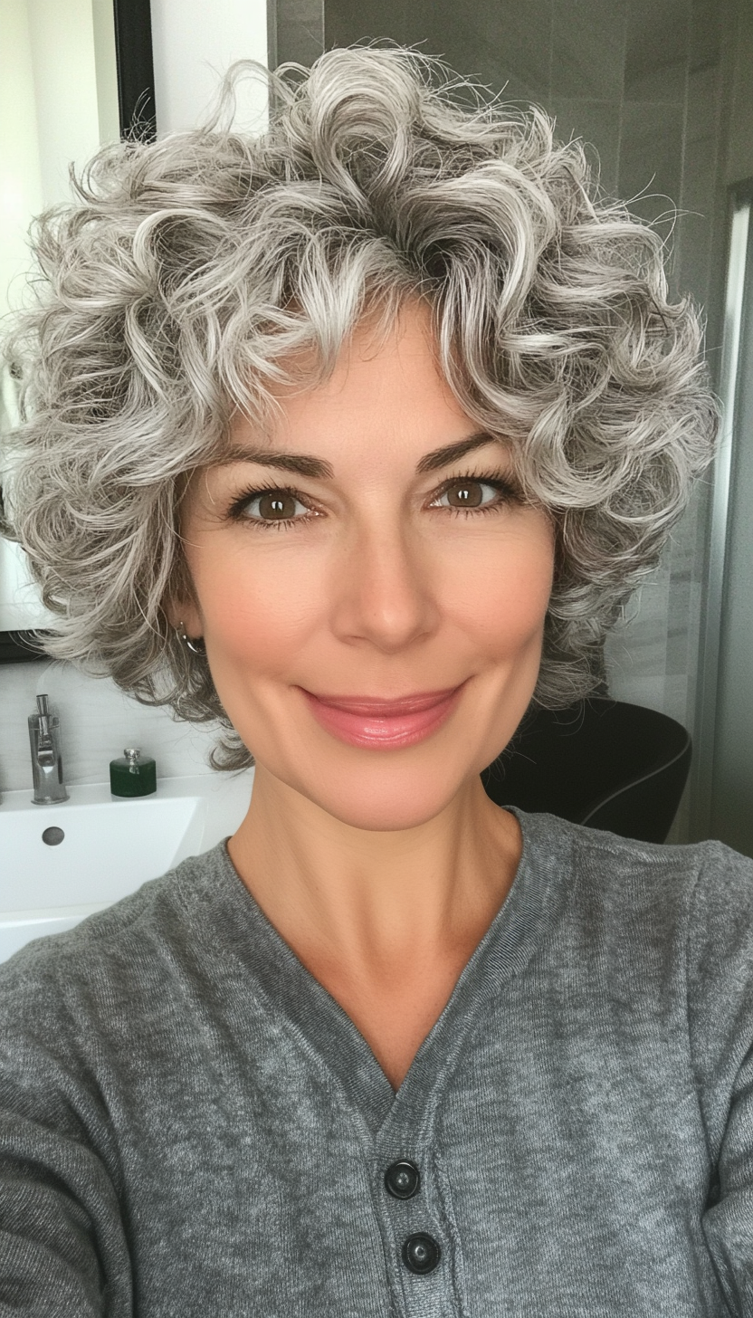15. Voluminous Curly Pixie with Silver Streaks (Short Curly Haircuts For Older Women) - Short Curly Haircuts For Older Women