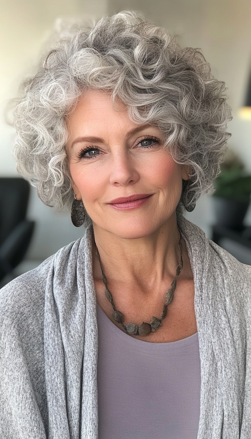 17. Short Curly Undercut with Soft Gray Top (Short Curly Haircuts For Older Women) - Short Curly Haircuts For Older Women