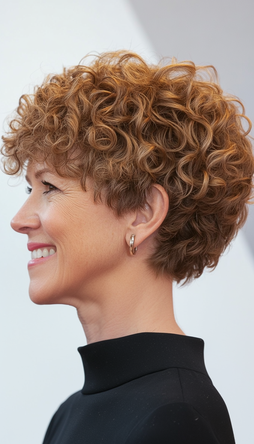 20. Classic Curly Crop with Light Brown Accents (Short Curly Haircuts For Older Women) - Short Curly Haircuts For Older Women