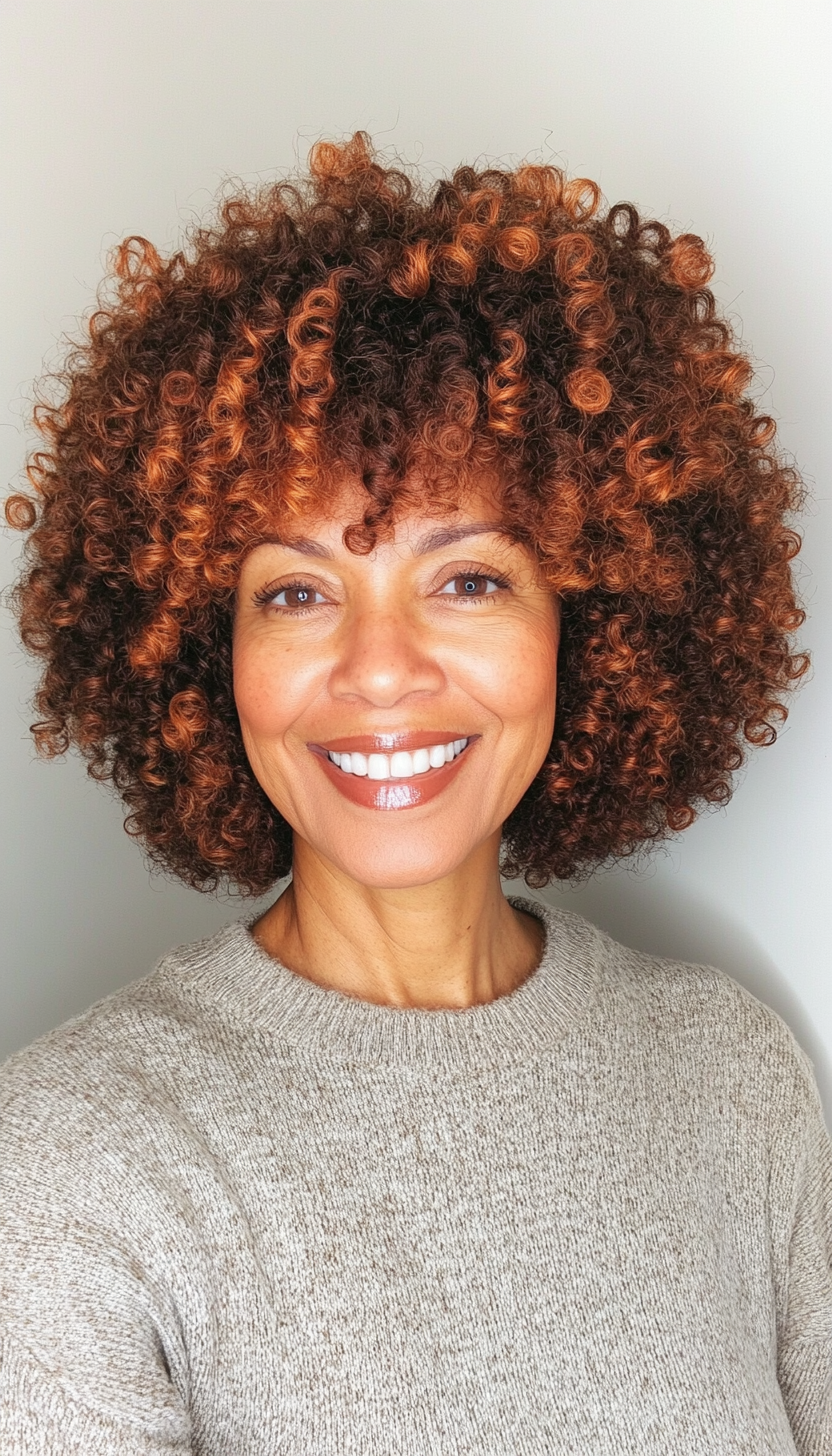 22. Layered Curly Afro with Warm Copper Highlights (Short Curly Haircuts For Older Women) - Short Curly Haircuts For Older Women