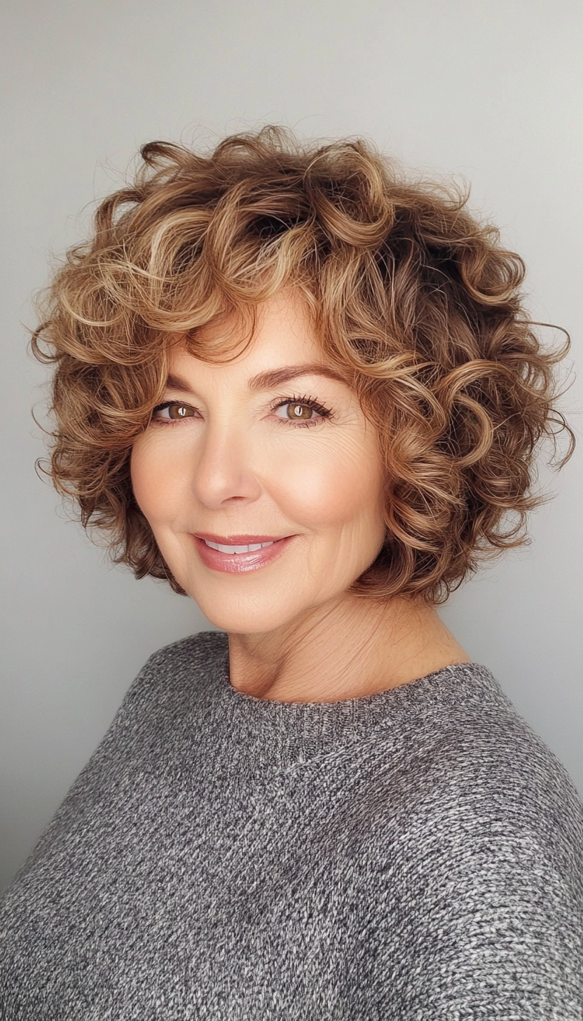 24. Curly Side-Parted Bob with Sandy Brown Waves (Short Curly Haircuts For Older Women) - Short Curly Haircuts For Older Women