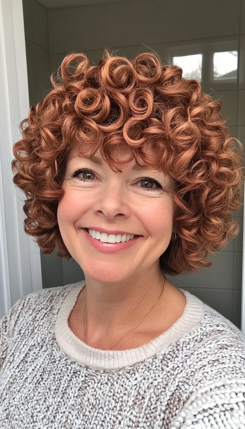 25. Cropped Curls with Soft Auburn Lowlights (Short Curly Haircuts For Older Women) - Short Curly Haircuts For Older Women
