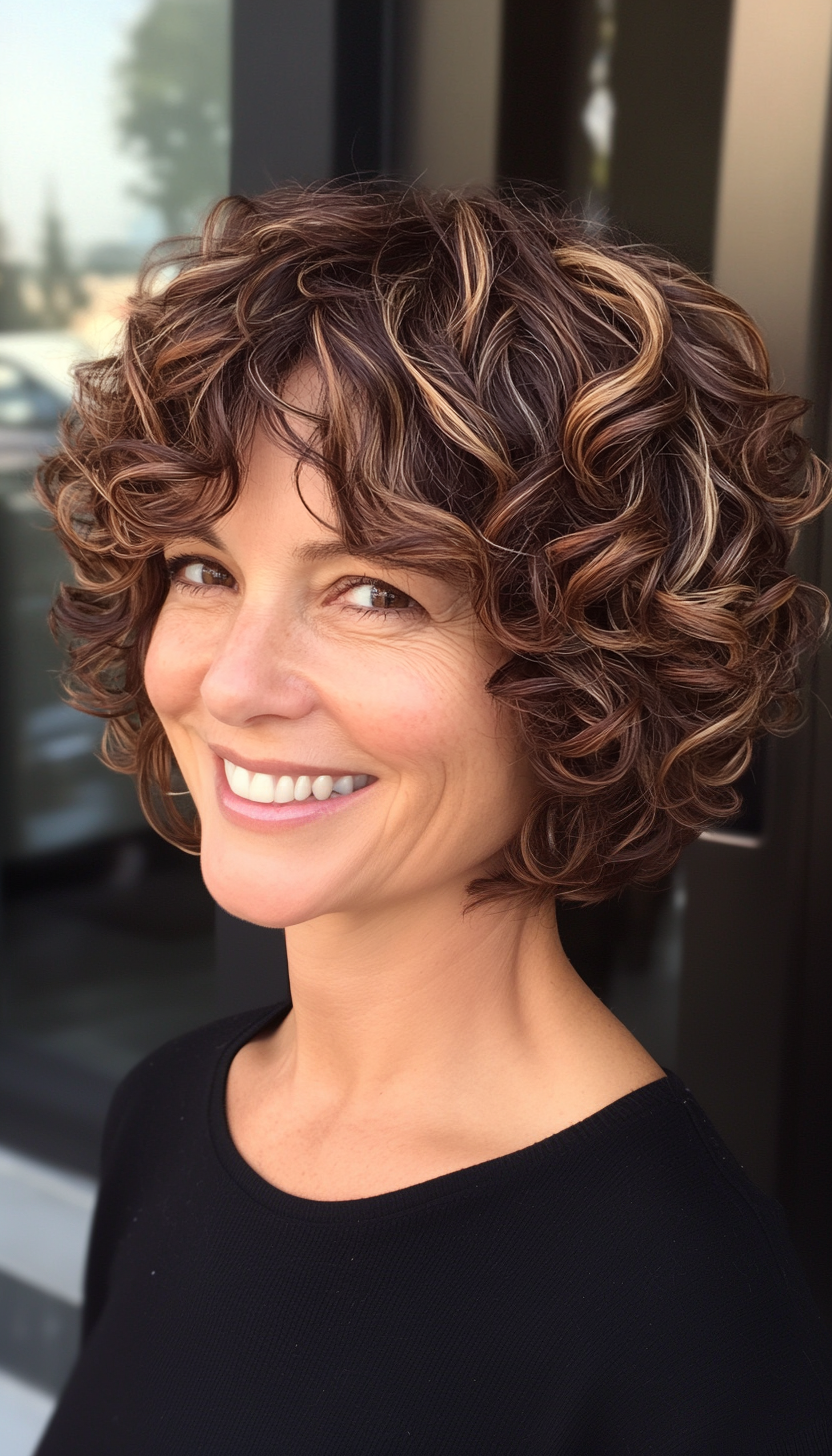 26. Rounded Curly Bob in Chocolate and Caramel Blend (Short Curly Haircuts For Older Women) - Short Curly Haircuts For Older Women