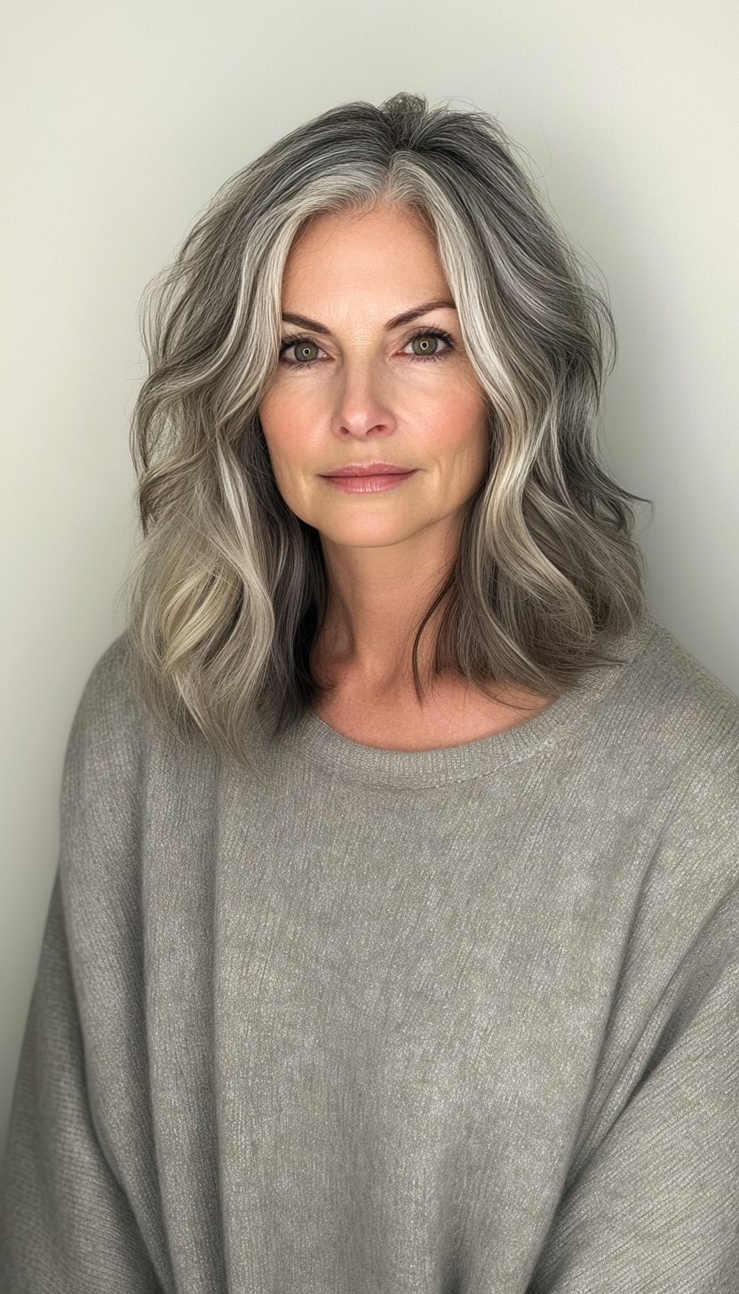 3. Soft Wavy Lob in Salt and Pepper (Shoulder Length Hairstyles For Women Over 60) - Shoulder Length Hairstyles For Women Over 60