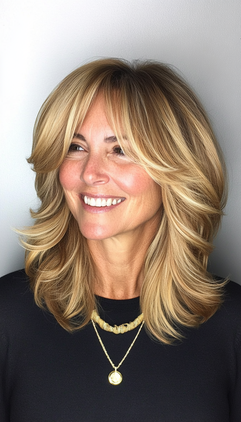 5. Layered Cut with Honey Blonde Balayage (Shoulder Length Hairstyles For Women Over 60) - Shoulder Length Hairstyles For Women Over 60