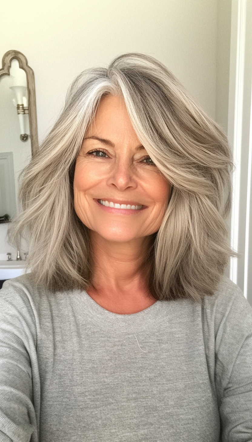 6. Choppy Layers with Natural Gray Blend (Shoulder Length Hairstyles For Women Over 60) - Shoulder Length Hairstyles For Women Over 60