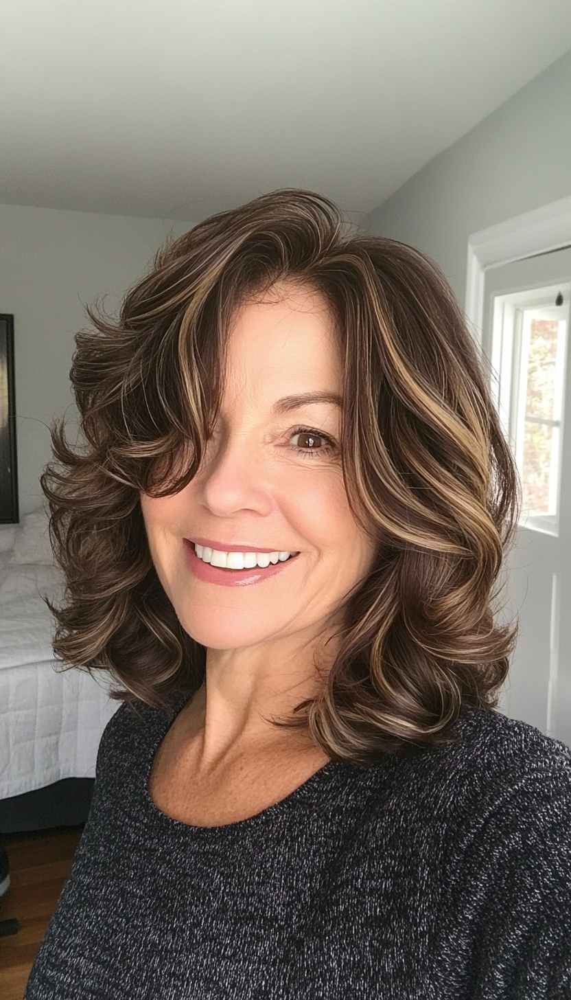 7. Curled Lob with Deep Chocolate Brown (Shoulder Length Hairstyles For Women Over 60) - Shoulder Length Hairstyles For Women Over 60