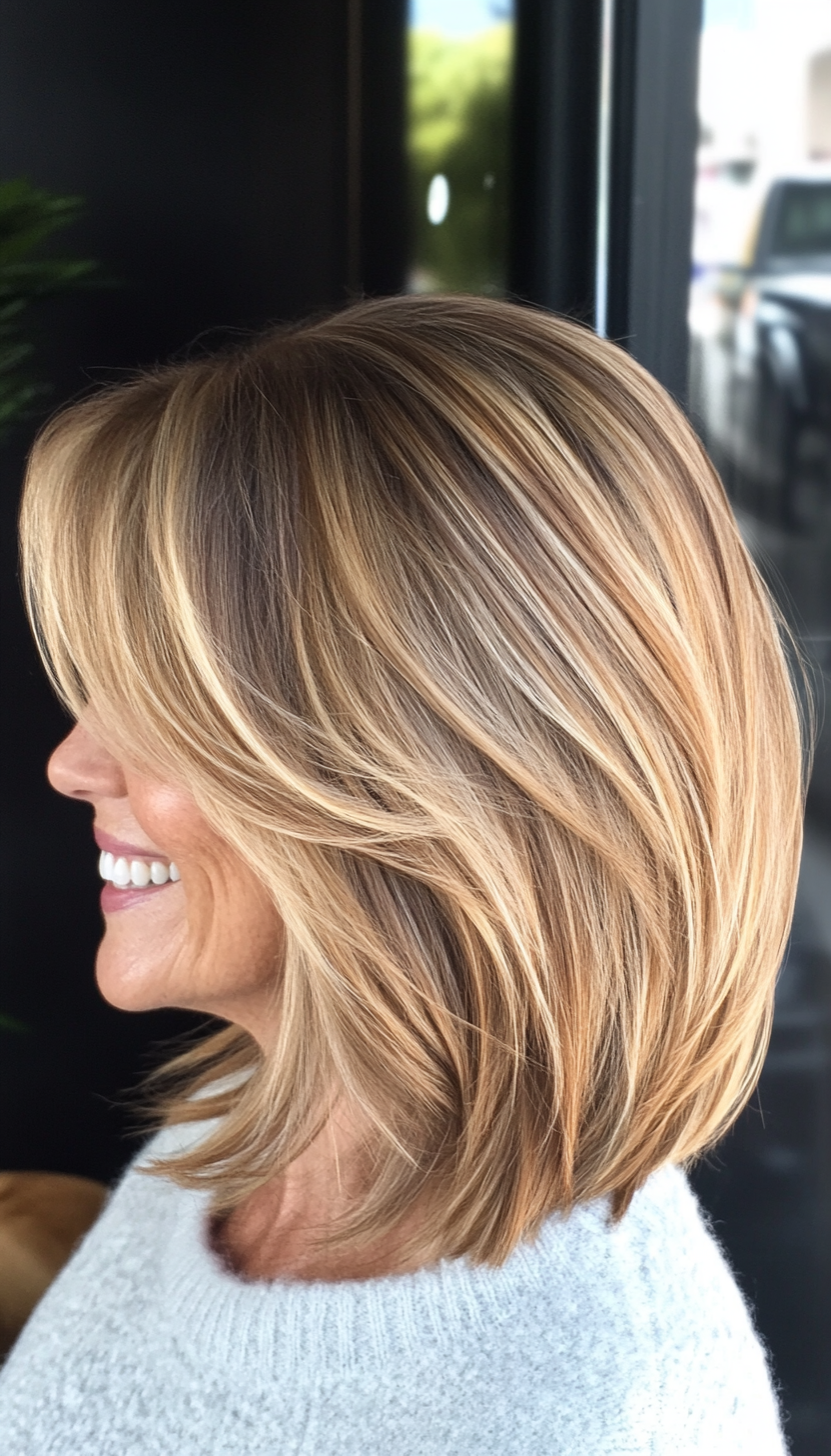 8. Feathered Bob with Caramel Lowlights (Shoulder Length Hairstyles For Women Over 60) - Shoulder Length Hairstyles For Women Over 60
