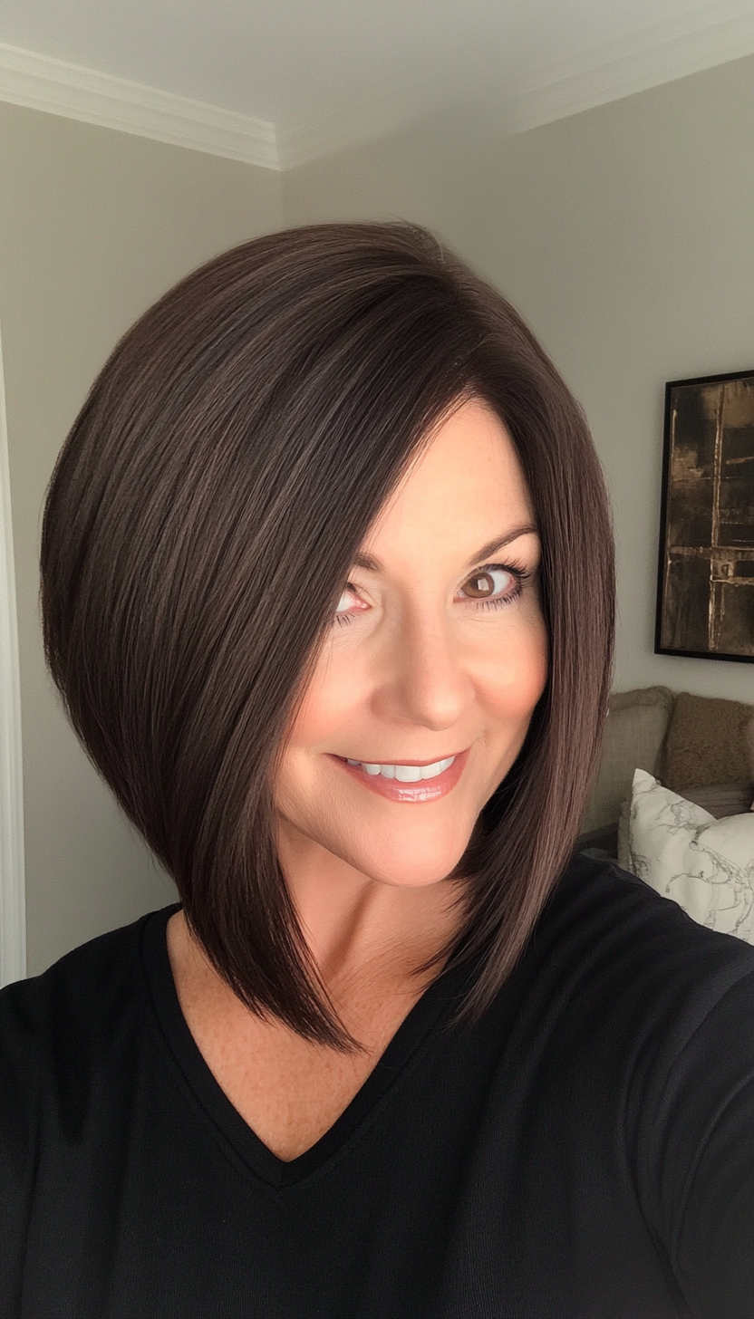 9. Sleek Angled Bob in Dark Mocha (Shoulder Length Hairstyles For Women Over 60) - Shoulder Length Hairstyles For Women Over 60