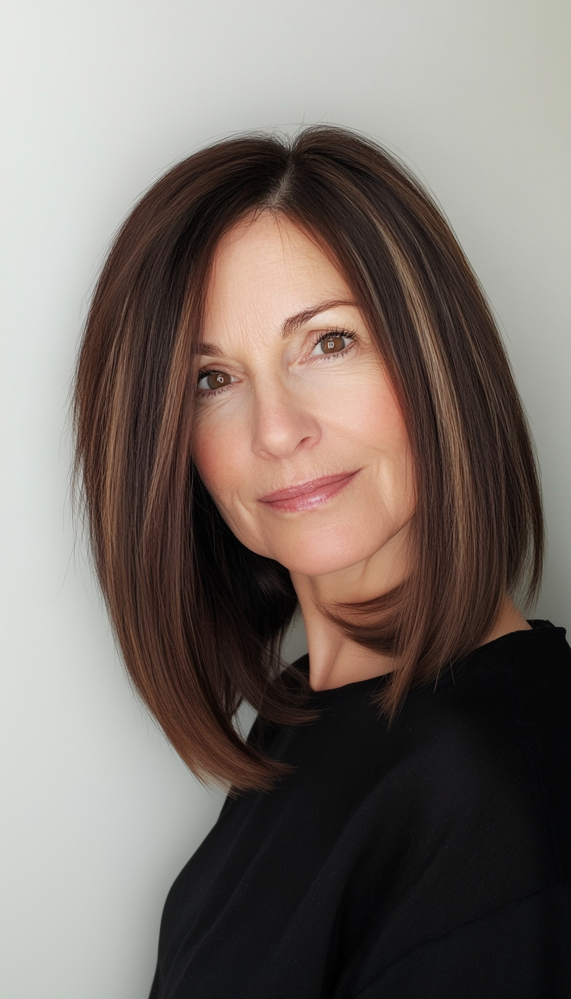 10. Straight Lob with Soft Auburn Highlights (Shoulder Length Hairstyles For Women Over 60) - Shoulder Length Hairstyles For Women Over 60