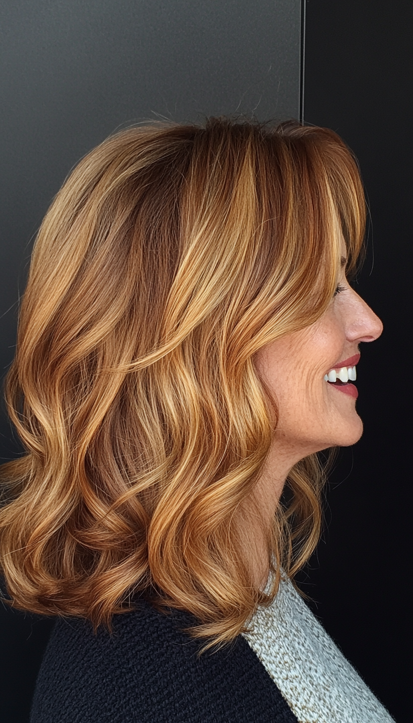 13. Shoulder-Length Waves with Golden Brown Touches (Shoulder Length Hairstyles For Women Over 60) - Shoulder Length Hairstyles For Women Over 60
