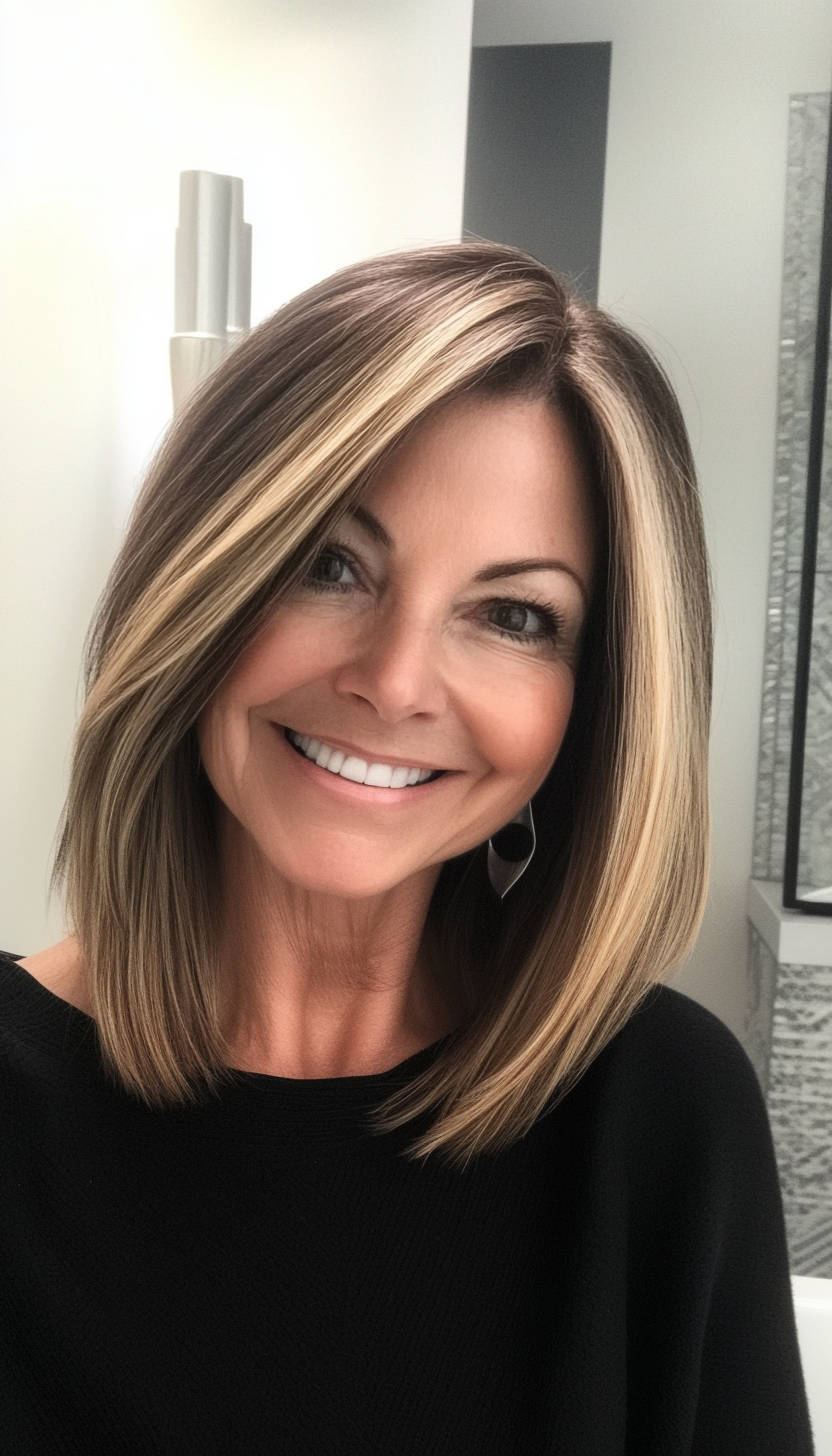 15. Side-Parted Lob with Ash Blonde Highlights (Shoulder Length Hairstyles For Women Over 60) - Shoulder Length Hairstyles For Women Over 60
