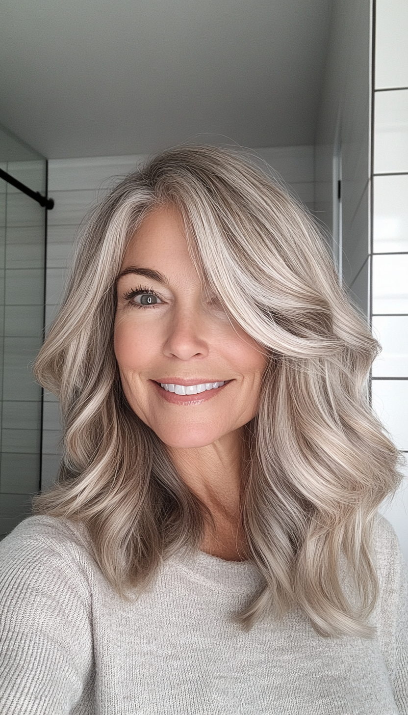 18. Layered Waves with Cool Blonde Tones (Shoulder Length Hairstyles For Women Over 60) - Shoulder Length Hairstyles For Women Over 60