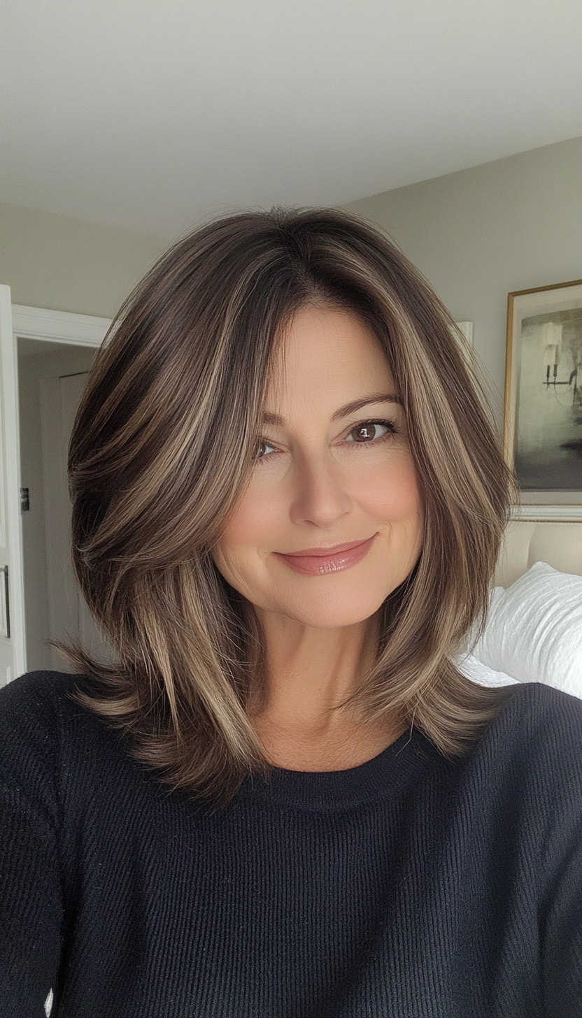 19. Flipped-Out Ends with Natural Brunette Base (Shoulder Length Hairstyles For Women Over 60) - Shoulder Length Hairstyles For Women Over 60