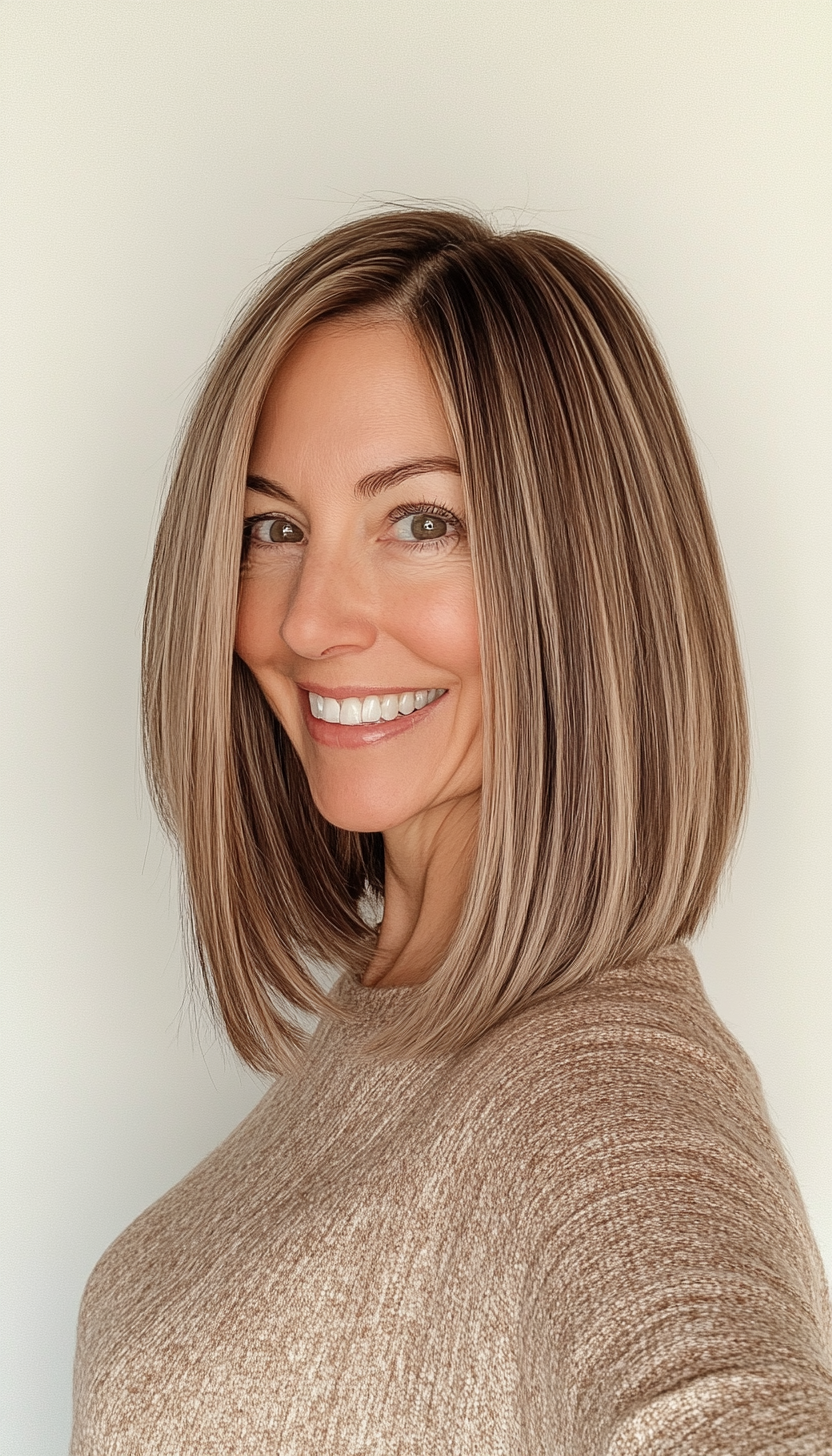 22. Sleek Lob with Subtle Espresso Undertones (Shoulder Length Hairstyles For Women Over 60) - Shoulder Length Hairstyles For Women Over 60