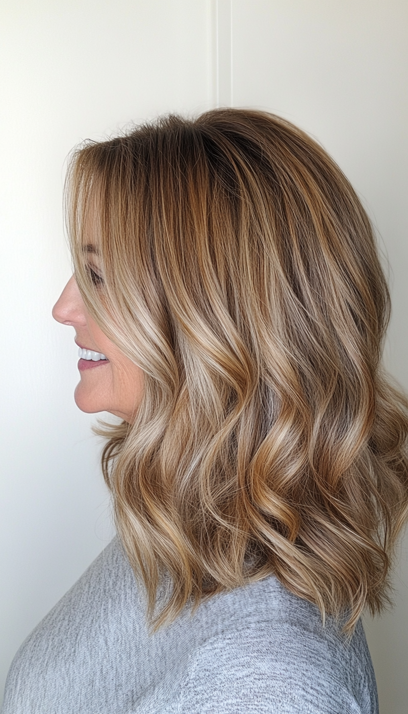 23. Wavy Cut with Soft Golden Hues (Shoulder Length Hairstyles For Women Over 60) - Shoulder Length Hairstyles For Women Over 60