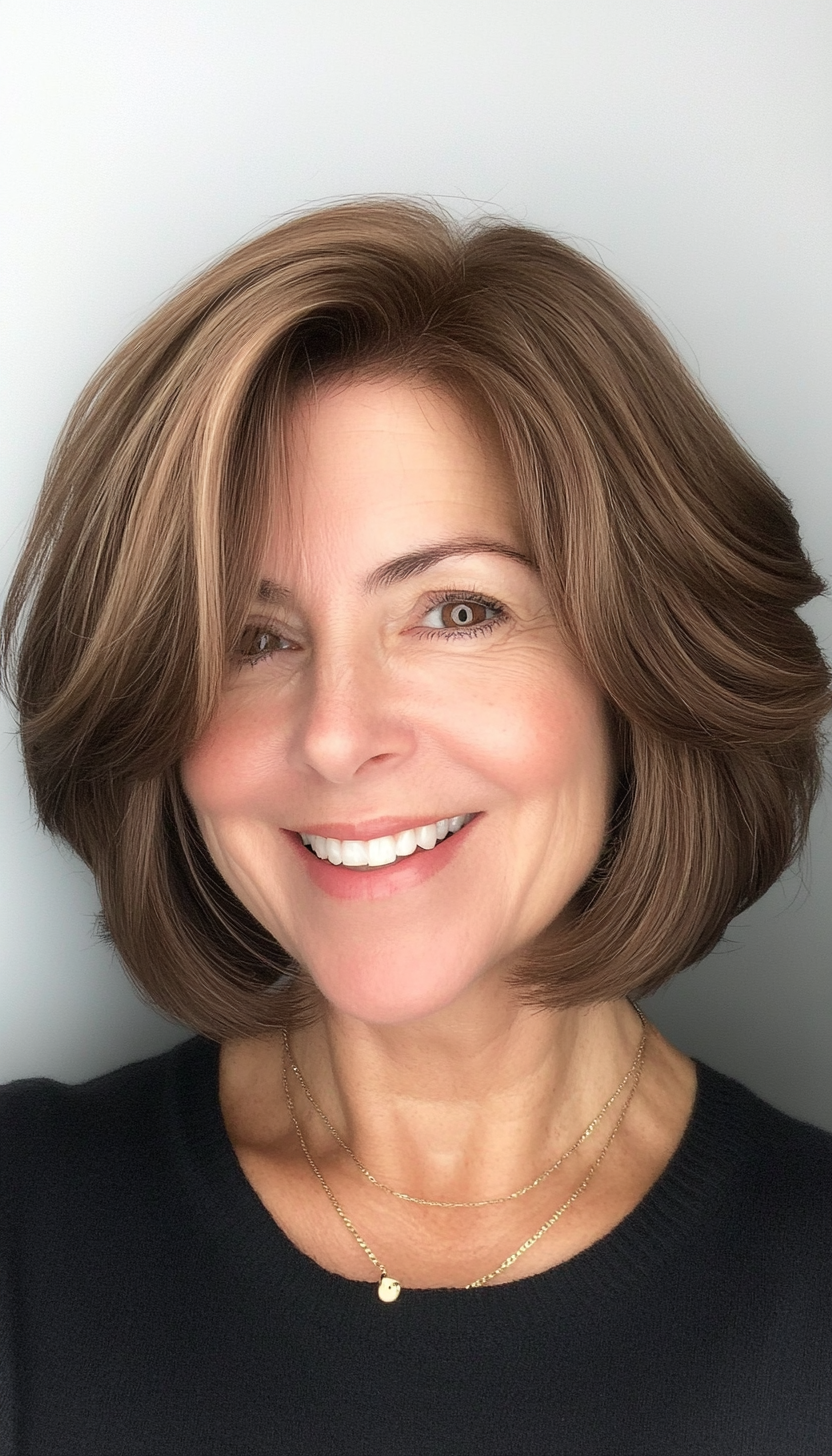 24. Layered Bob with Warm Walnut Brown (Shoulder Length Hairstyles For Women Over 60) - Shoulder Length Hairstyles For Women Over 60