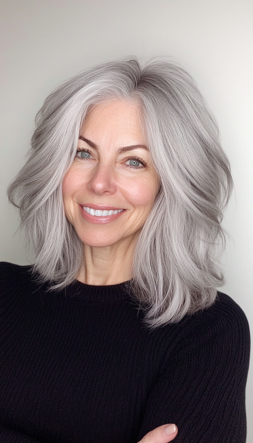26. Textured Lob with Ash Gray Blend (Shoulder Length Hairstyles For Women Over 60) - Shoulder Length Hairstyles For Women Over 60