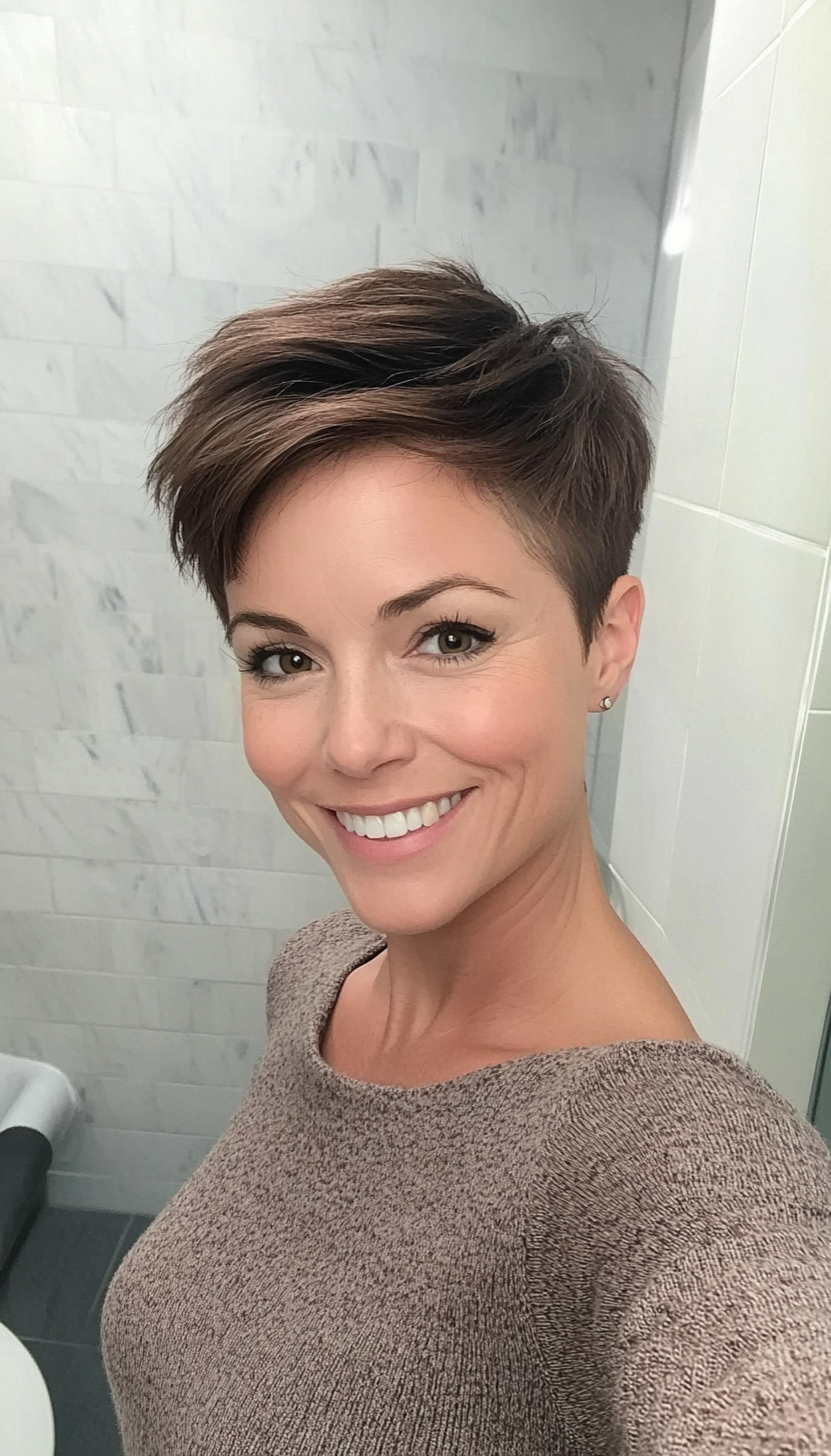 16. Warm Brunette Pixie with Crown Volume (Very Short Pixie Haircuts) - Very Short Pixie Haircuts