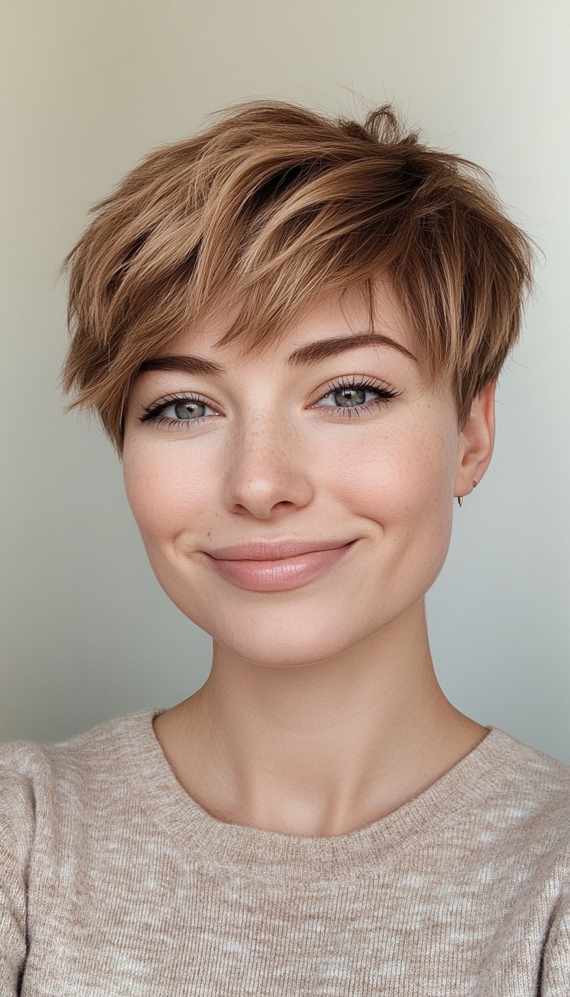 20. Light Brown Crop with Textured Bangs (Very Short Pixie Haircuts) - Very Short Pixie Haircuts